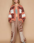 POL Washed Jacquard Color Block Jacket- Brick/Burgundy