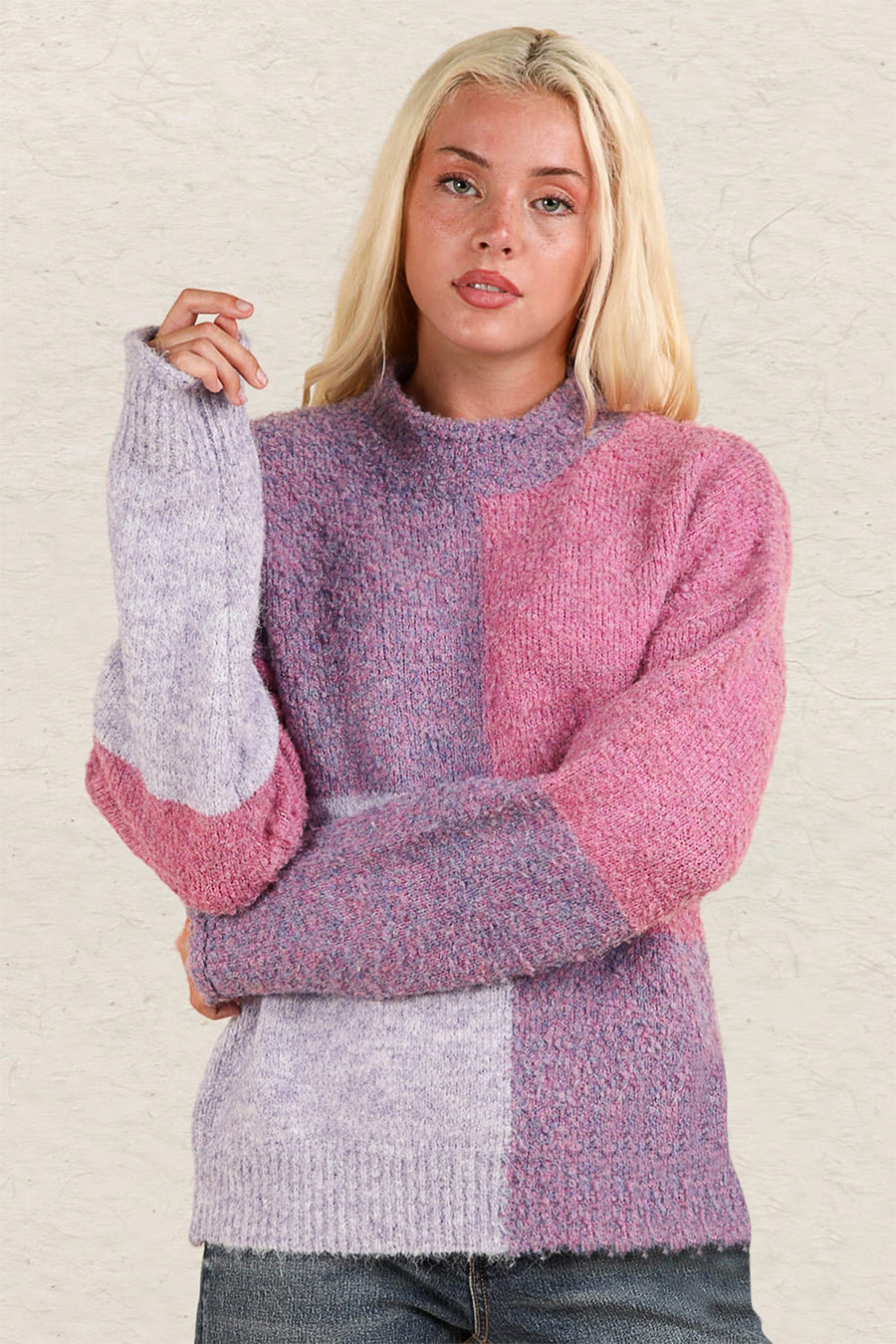 VERY J Color Block Mock Neck Drop Shoulder Sweater-Purpke