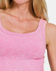 Zenana Washed Ribbed Scoop Neck Wide Strap Tank- Candy pink