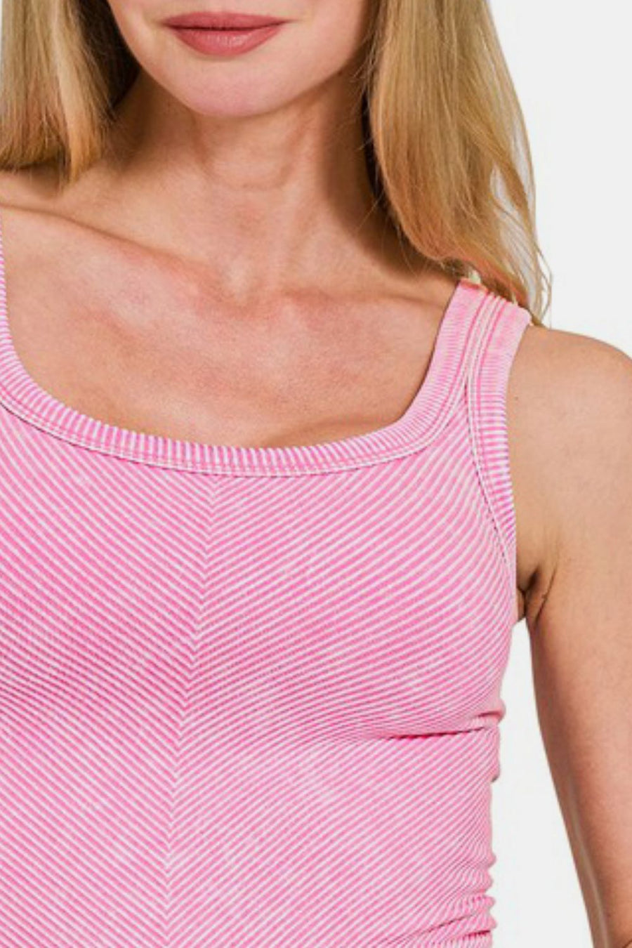 Zenana Washed Ribbed Scoop Neck Wide Strap Tank- Candy pink