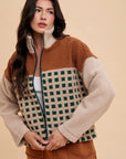 Annie Wear Plaid Zip Up Drop Shoulder Sherpa Jacket- Oatmeal/Camel