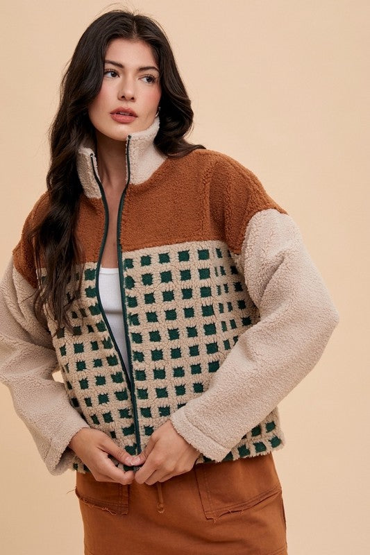 Annie Wear Plaid Zip Up Drop Shoulder Sherpa Jacket- Oatmeal/Camel