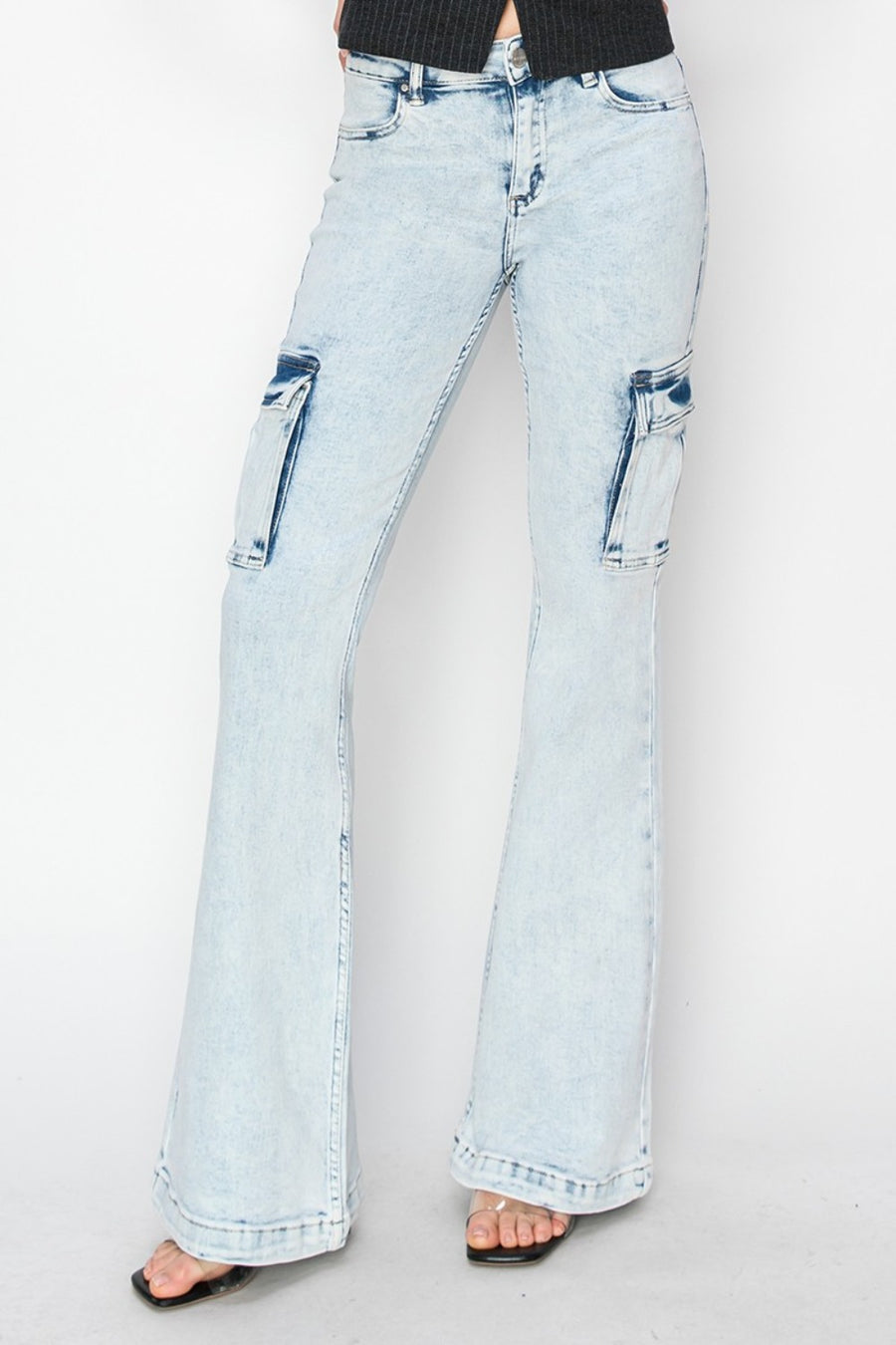 RISEN Full Size High Rise Cargo Flare Jeans-acid light