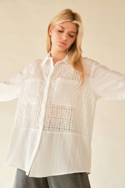 Davi & Dani Crinkled Jacquard Button Down Shirt- White