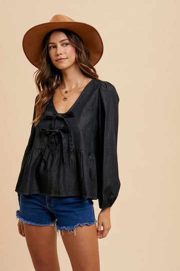 Annie Wear Tie Front Peplum Long Sleeve Denim Top-Black