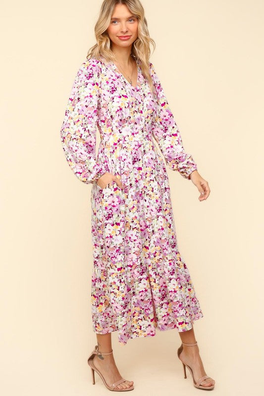 Haptics Full Size Floral V-Neck Long Sleeve Dress with Side Pockets-Lilac