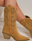 Beast Fashion Rhinestone Detail Point Toe Boots- Camel