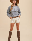 Annie Wear Half Button Ribbed Hem Sweater- Gray