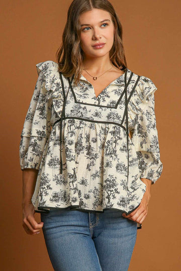 Umgee Ruffled Tie Neck Puff Sleeve Babydoll Blouse- Cream