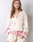 Printed Collared Neck Flounce Sleeve Top and Shorts Lounge Set