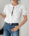 Perfee Tied Eyelet Short Sleeve Bodysuit-white