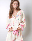 Printed Collared Neck Flounce Sleeve Top and Shorts Lounge Set