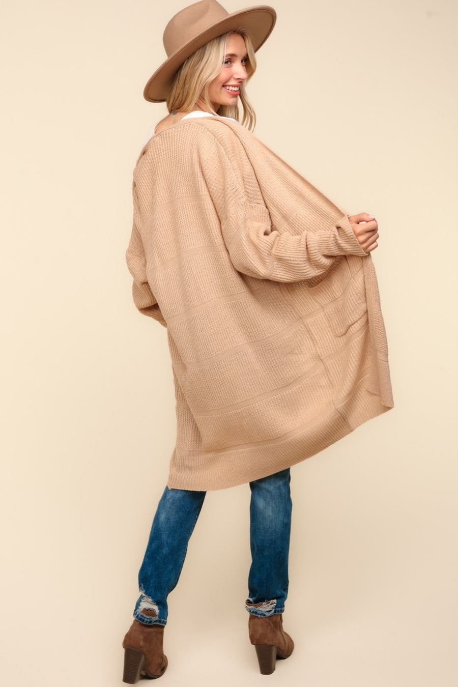 Haptics Stripe Textured Open Front Cardigan with Pockets-Taupe