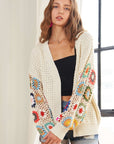 ADORA Plus Size Contrast Crochet Open Front Long Sleeve Cardigan- Ivory