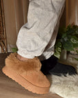 WILD DIVA Faux-Fur Platform Slip On Booties-Camel