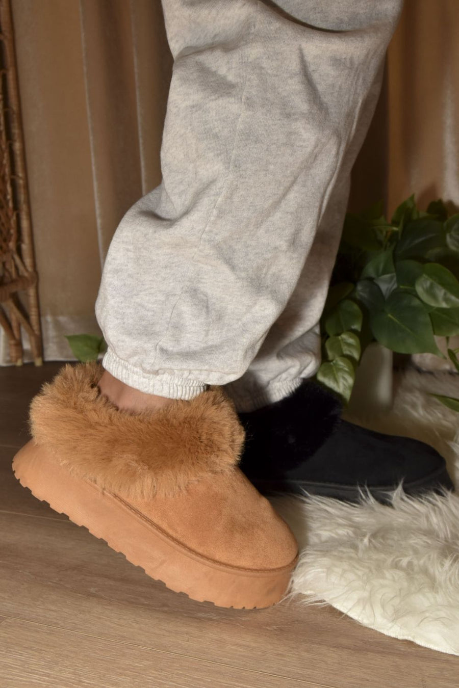 WILD DIVA Faux-Fur Platform Slip On Booties-Camel