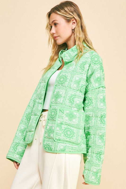 Davi & Dani Vintage Print Open Front Jacket with Pockets-Neon Green