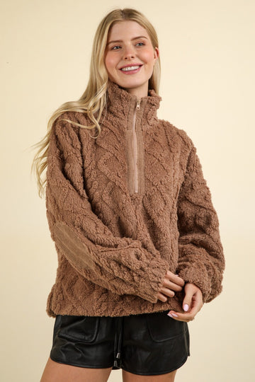 VERY J Fuzzy Fleece Half Zip Cable Pattern Sweatshirt- Mocha