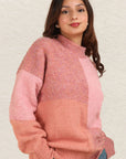 VERY J Color Block Mock Neck Drop Shoulder Sweater-Pink