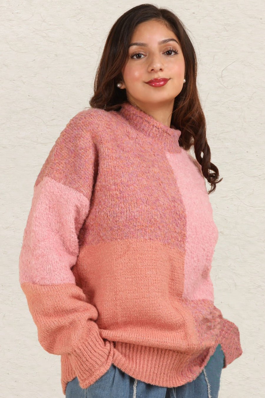 VERY J Color Block Mock Neck Drop Shoulder Sweater-Pink