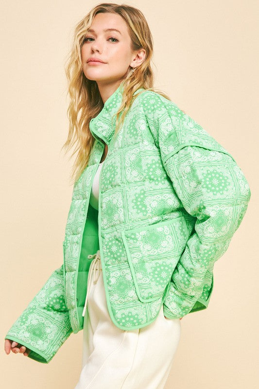 Davi & Dani Vintage Print Open Front Jacket with Pockets-Neon Green