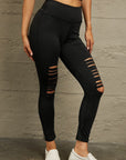 Double Take Wide Waistband Distressed Slim Fit Leggings- Black