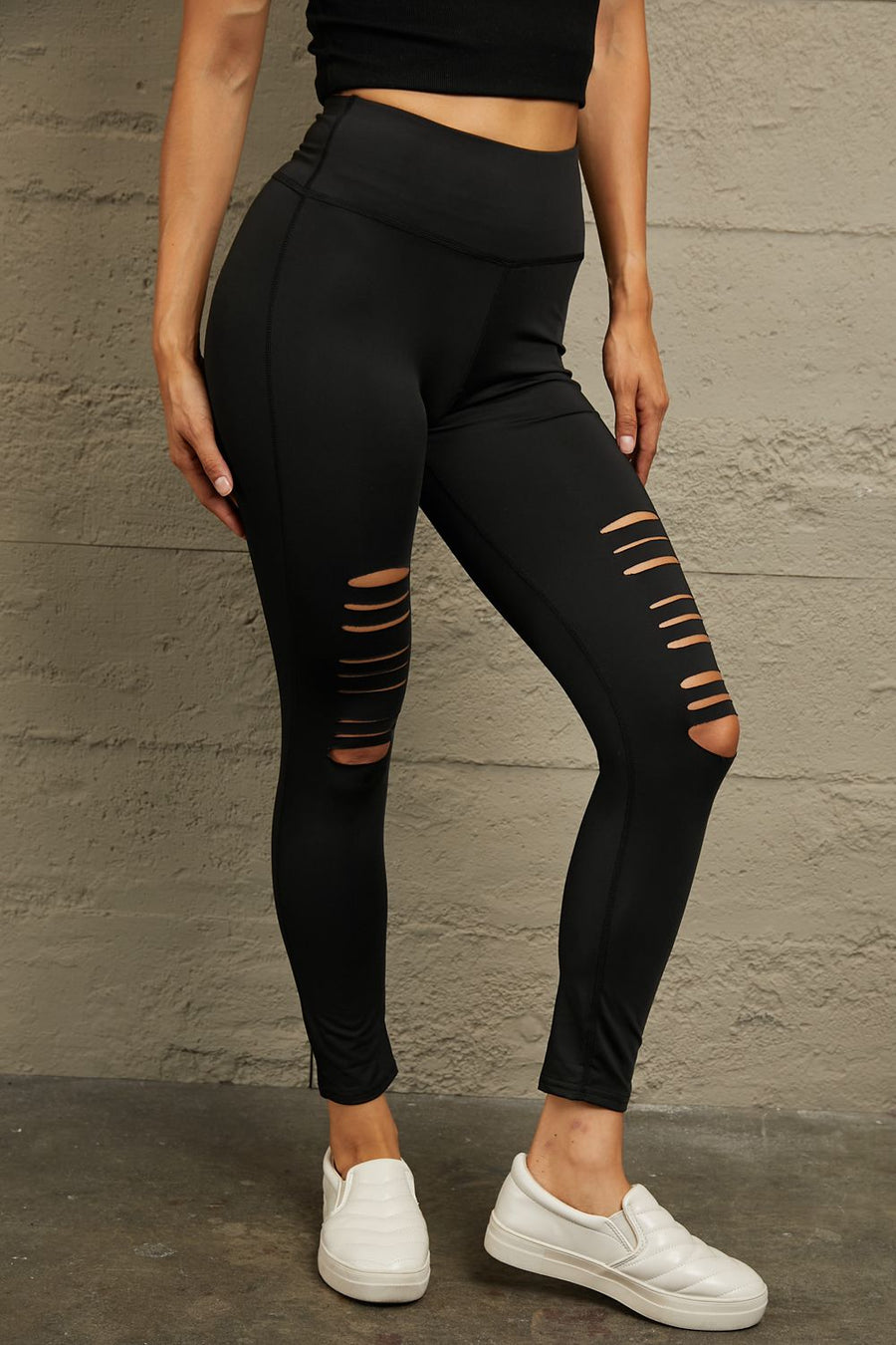 Double Take Wide Waistband Distressed Slim Fit Leggings- Black