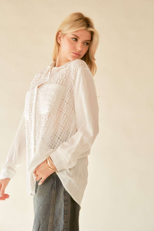 Davi & Dani Crinkled Jacquard Button Down Shirt- White