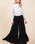 Mittoshop Tier Detail Smocked Elastic Waist Wide Leg Pants- Black