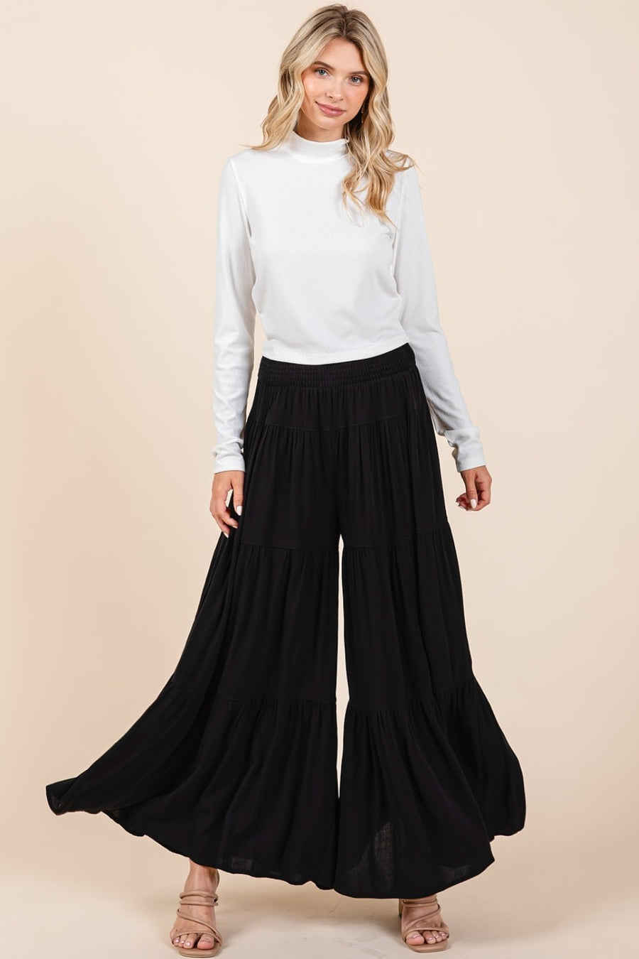 Mittoshop Tier Detail Smocked Elastic Waist Wide Leg Pants- Black