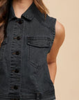 Annie Wear Collared Neck Button Down Denim Vest- Black