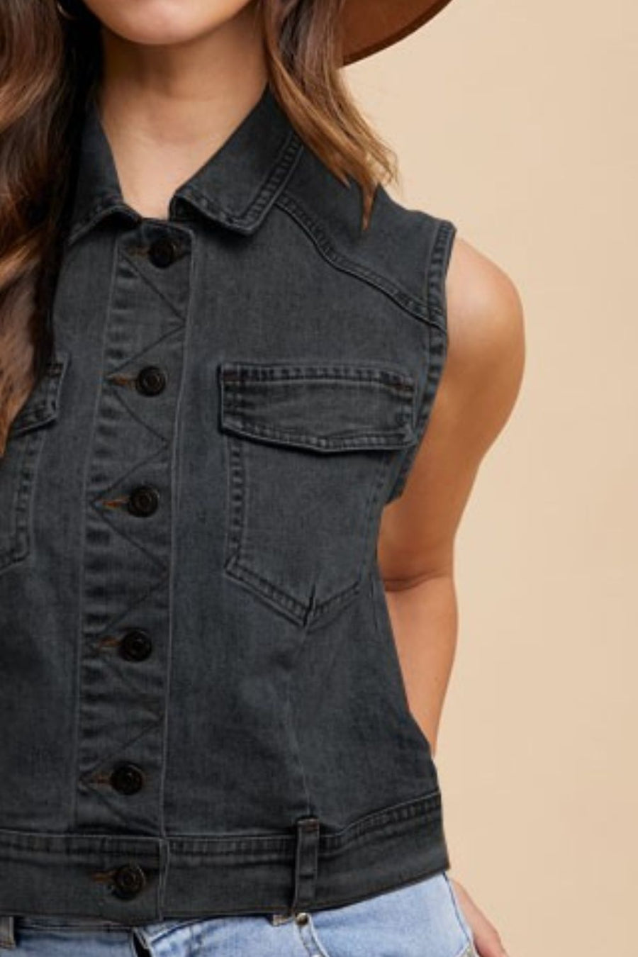 Annie Wear Collared Neck Button Down Denim Vest- Black