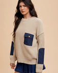 Annie Wear Contrast Round Neck Drop Shoulder Sweater with Patch Pocket