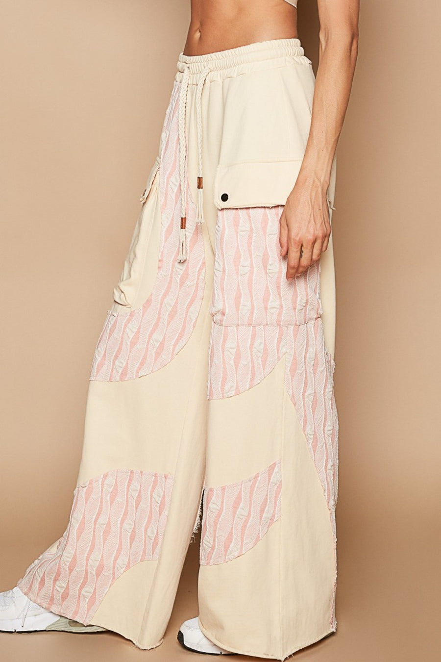 POL Crochet Contrast Drawstring Wide Leg Pants- Cream Beige