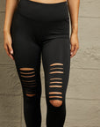 Double Take Wide Waistband Distressed Slim Fit Leggings- Black