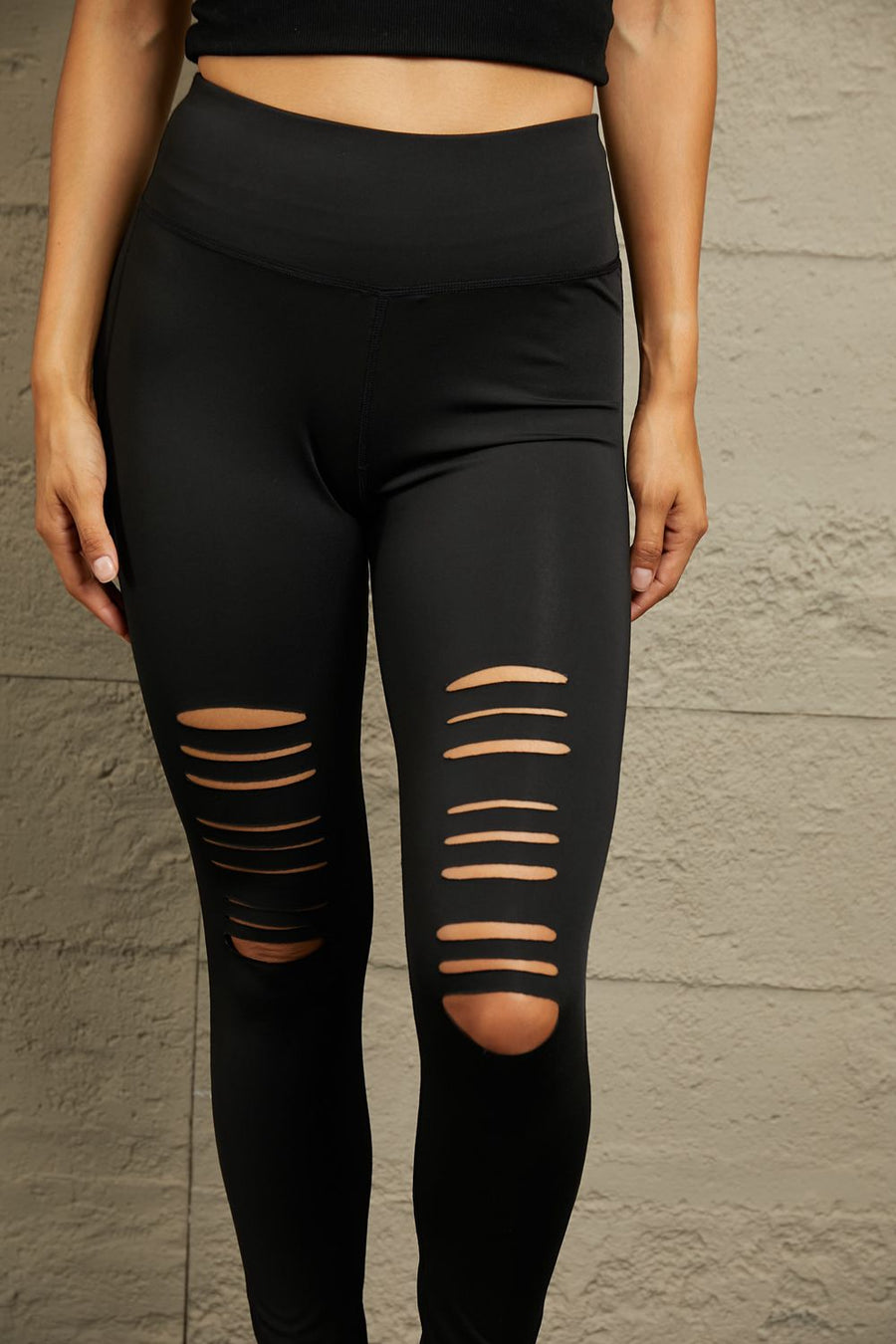 Double Take Wide Waistband Distressed Slim Fit Leggings- Black