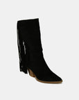 Beast Fashion Suede Fringe Point Toe Boots- Black