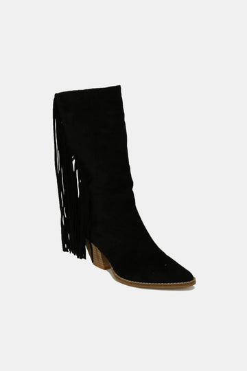 Beast Fashion Suede Fringe Point Toe Boots- Black