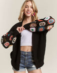 ADORA Full Size Contrast Crochet Open Front Long Sleeve Cardigan- Black