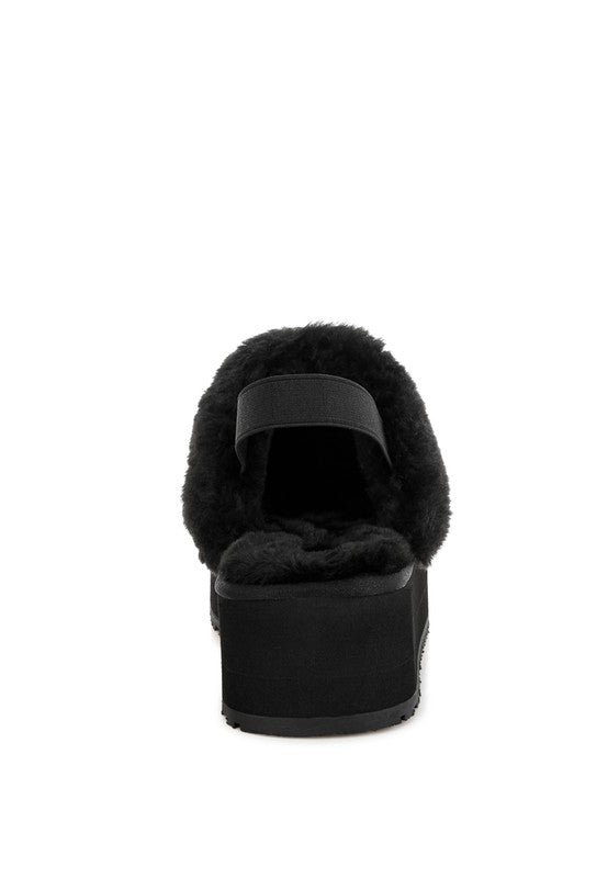 Kutchu Faux Fur Trim Platform Classic Slingback- Black