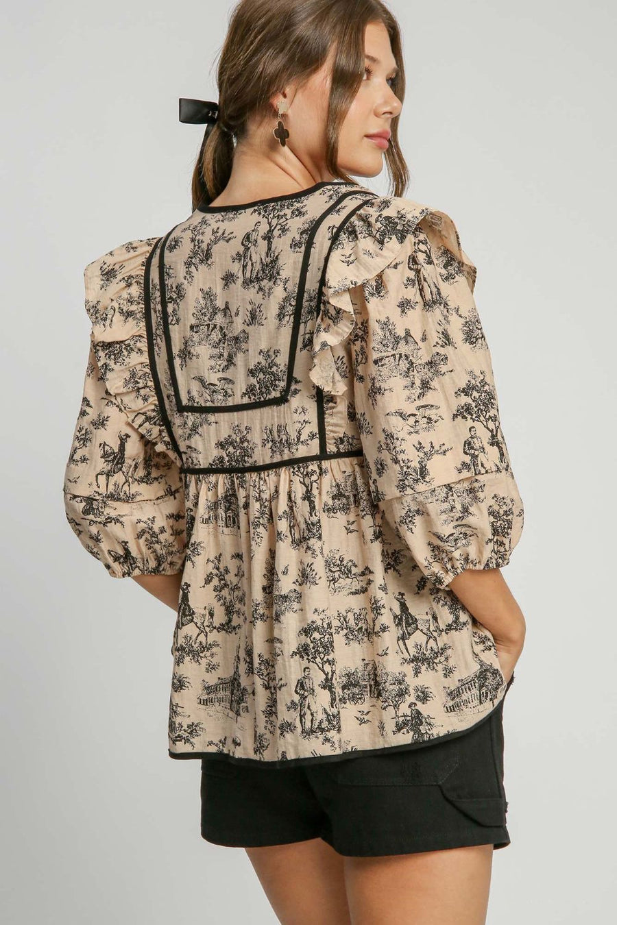 Umgee Ruffled Tie Neck Puff Sleeve Babydoll Blouse- Taupe