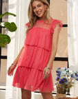 ADORA Layered Ruffled Cap Sleeve Mesh Dress