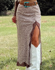 Brown Cheetah Print Trim Split Long Western Skirt