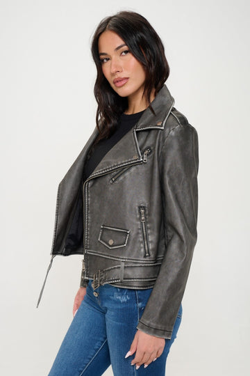 Coalition LA Zip Up Biker Jacket with Belt- Soft Black