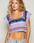 POL Openwork Ethnic Pattern Square Neck Cropped Knit Top