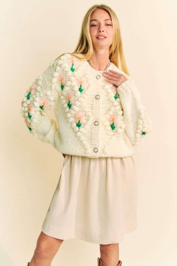 Davi & Dani Floral Pattern Button Down Cardigan- Cream