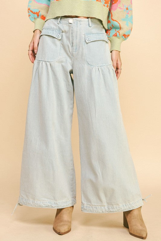 Davi & Dani Drawstring Hem Wide Leg Mid Rise Jeans-Light