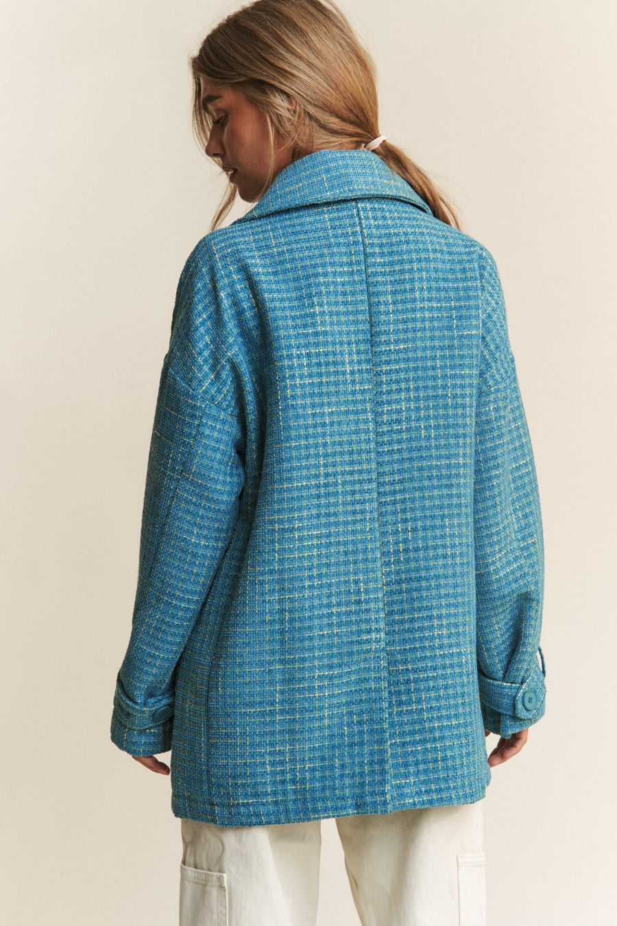 J.NNA Tweed Double-Breasted Long Sleeve Coat in Emerald Sea