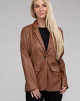 Sleek Pu Leather Blazer with Front Closure