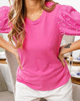 Pearl Detail Round Neck Puff Sleeve Blouse